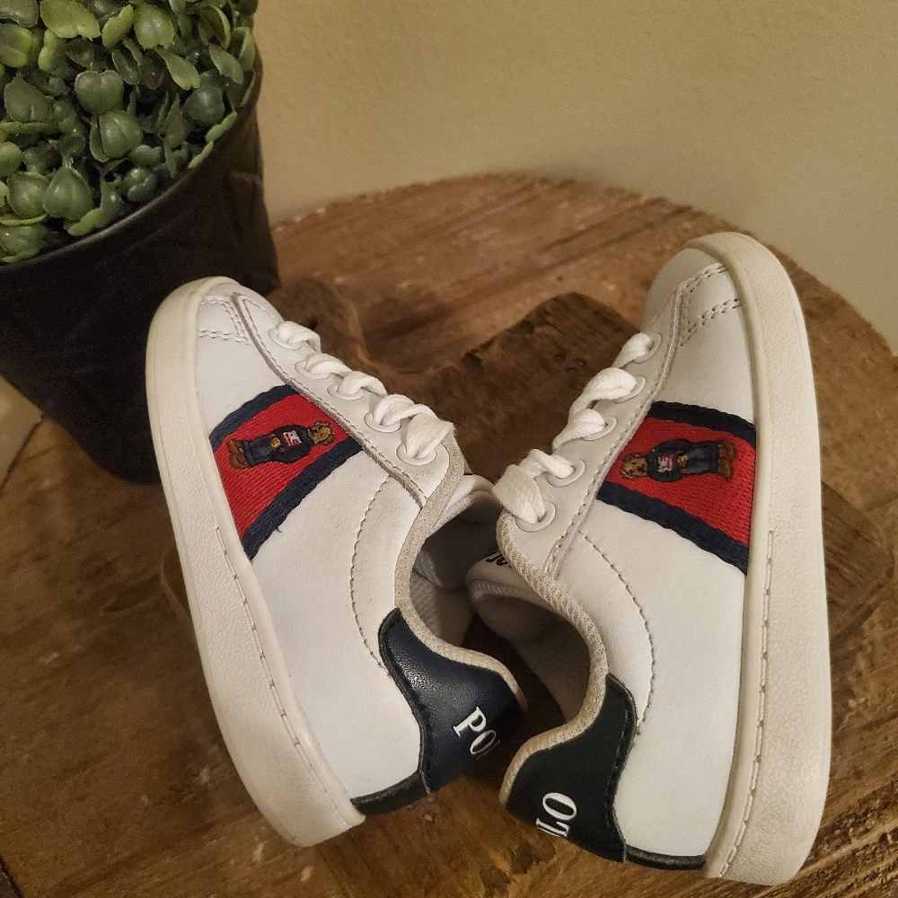 POLO RALPH LAUREN Quilton Bear White Red Blue Striped Embroidered Bear Shoes T7 - Picture 8 of 10